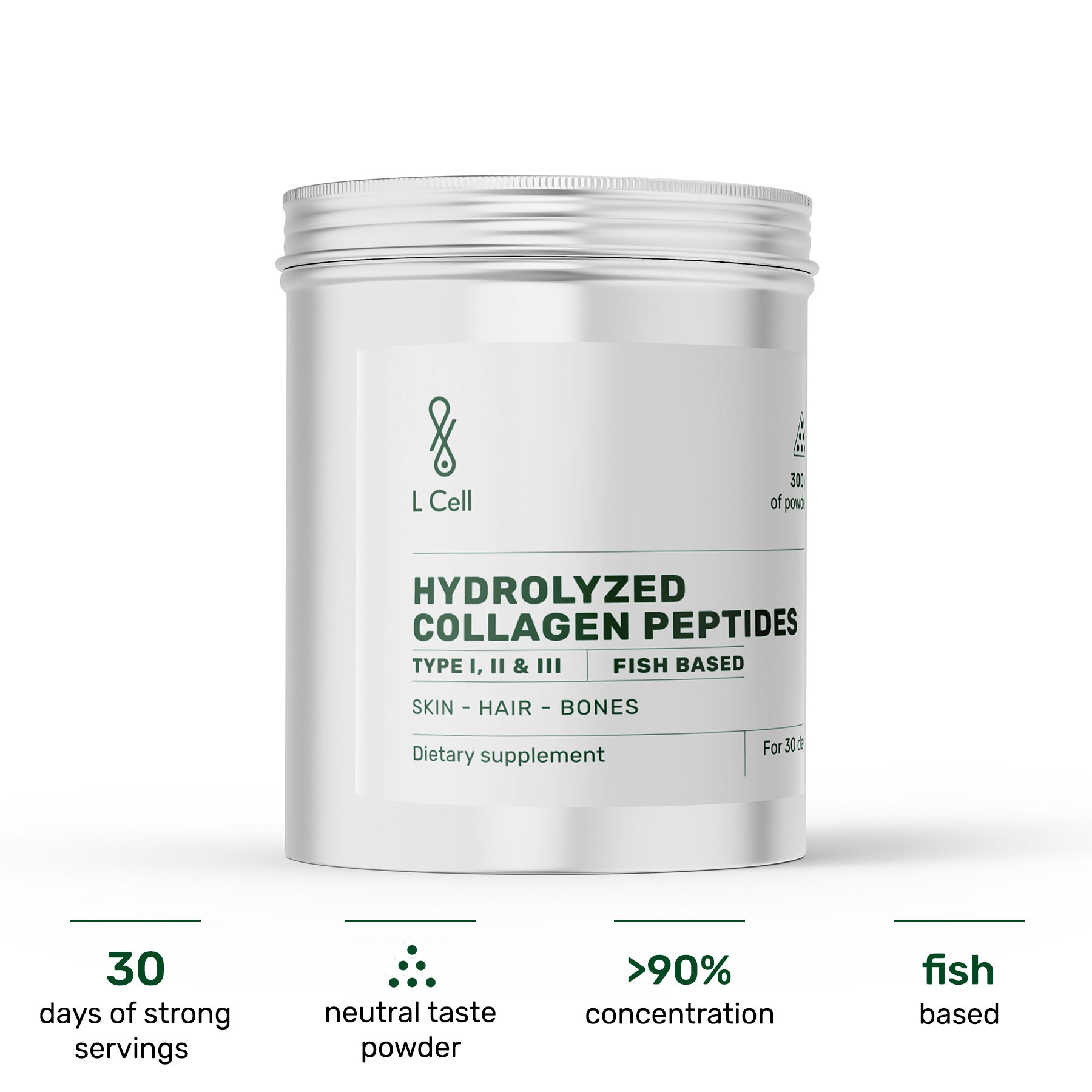 Collagen Peptides Hydrolyzed 300g (30 days, >90% purity), fish-based