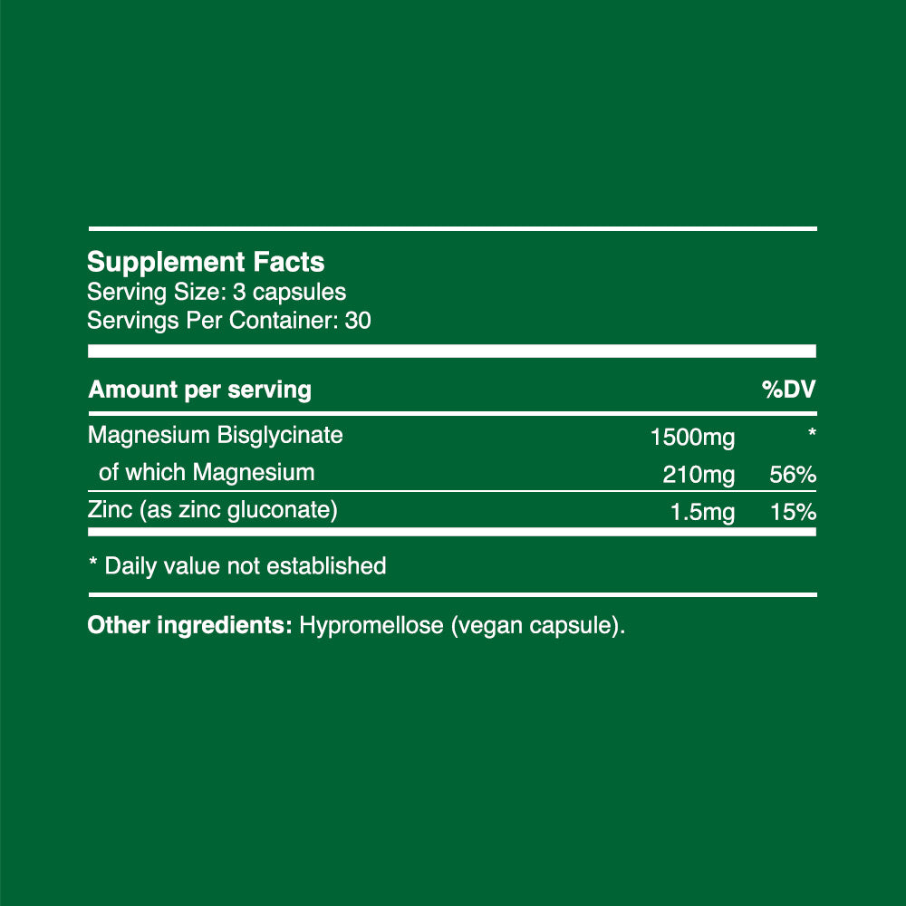 Magnesium Glycinate Capsules 500mg (30 servings, 90 caps)